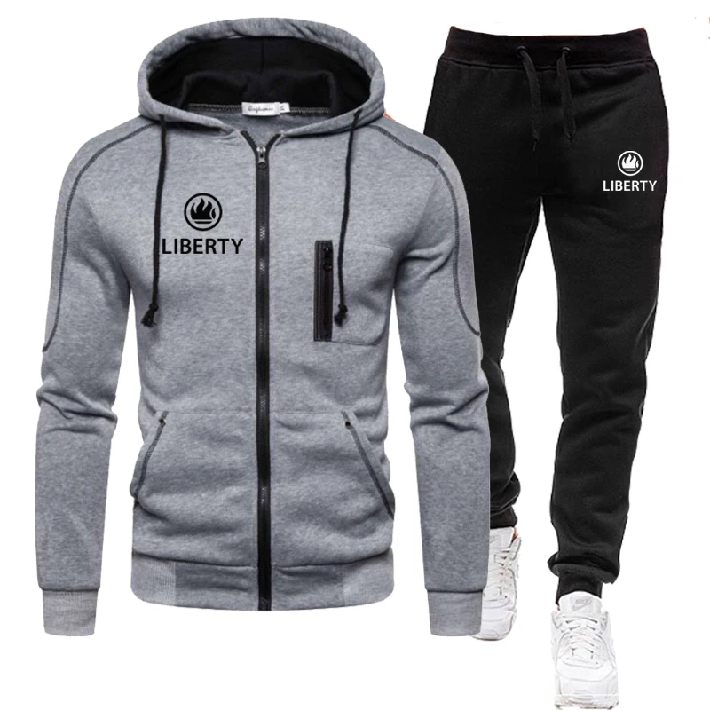 Men Tracksuit Autumn Winter Fashion Printed Long Sleeve Hooded and Sport Pants Casual Zipper Design Coat Running Suits
