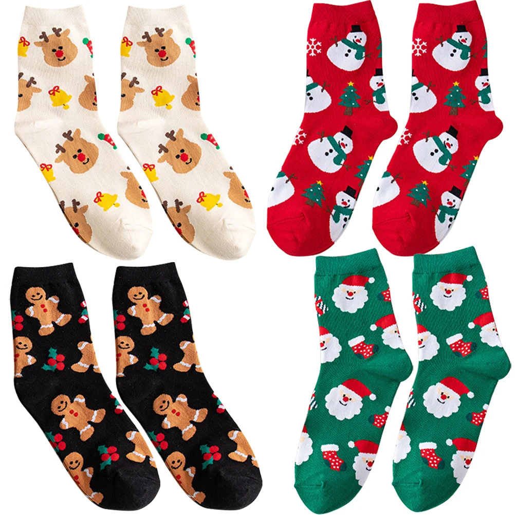 

4 Pairs Snowman Socks Christmas Novelty Winter Warm Slipper Men Stockings Bow Big Red Sox Strawberry