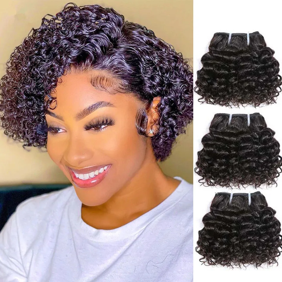 Brazilian Deep Wave Human Hair Bundles Bouncy Curly Hair Extensions for Women Short Curly Human Hair Bundles Hair Weaves 6inch