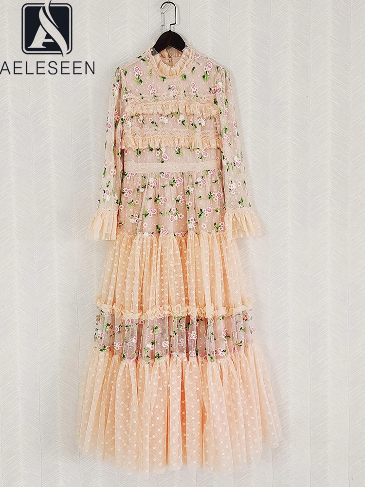 

AELESEEN Women Runway Fashion Dress Luxury Long Gauze Flower Embroidery Ruffles Mesh Party Holiday Tulle