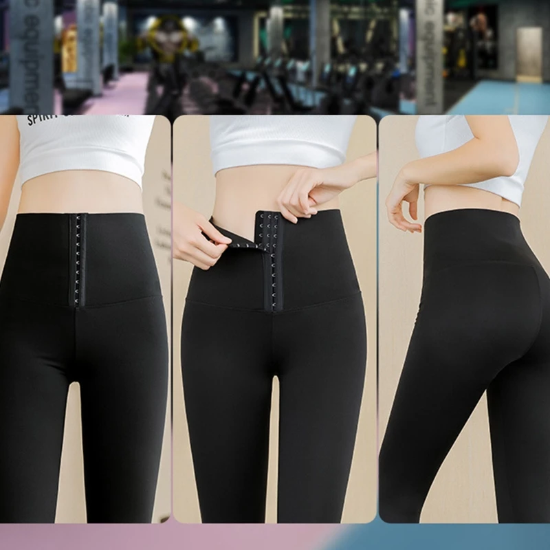 

Women High Waist Corset Hooks Yoga Pants Tummy Control Cincher Slimming Fake Sharkskin Sports Leggings Fitness Tights