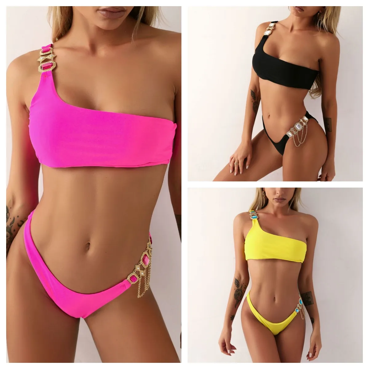 

New Crystal Diamond One shoulder Bikini 2023 Women Swimsuit Female Swimwear Rhinestone Bikini set Brazilian Bathing Suit Swim