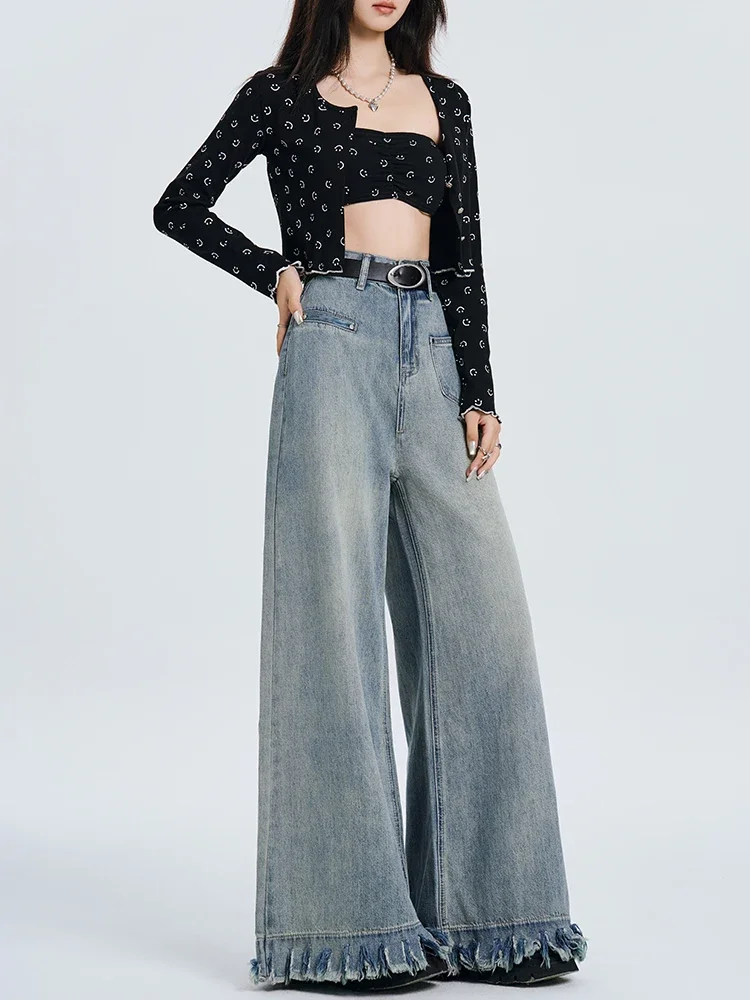 2024 Синие женские джинсы с высокой талией винтажные прямые мешковатые джинсовые