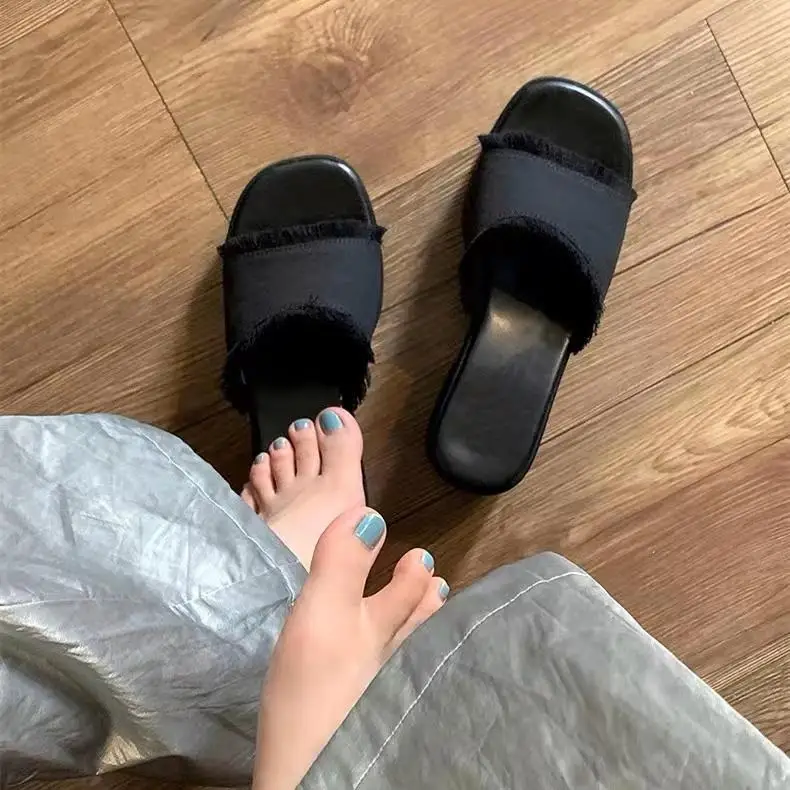 New Arrival Women's sandalen Denim Platform Slippers with Comfortable Middle Heel for Summer 2023