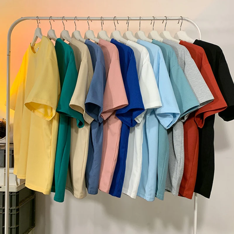 

Summer New Solid Loose Short Sleeve Waffle Men T-Shirts