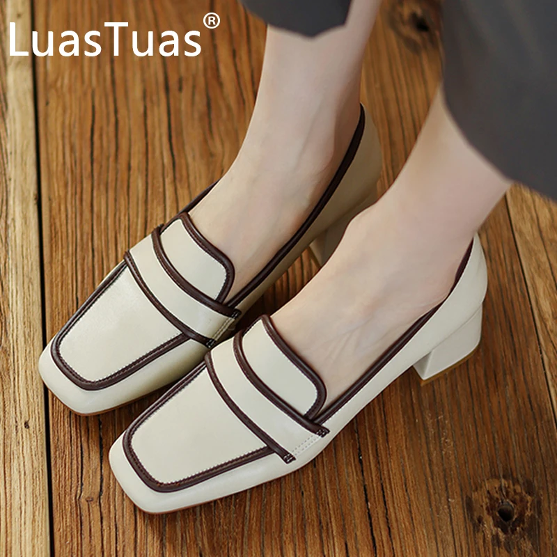 

LuasTuas Size 33-40 Ladies High Heel Shoes Real Leather Square Heel Spring Pumps Women Fashion Club Party Shoes Footwear