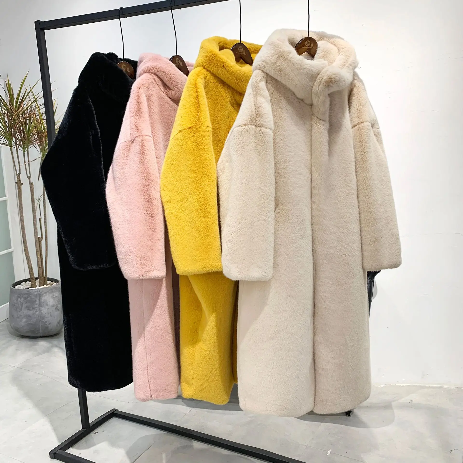 

Winter Imitation Mink Fur Coat Long Faux Rabbit Fur Jacket Hooded Trench Coats Plush Shaggy Cardigan Windbreaker Parka Tops
