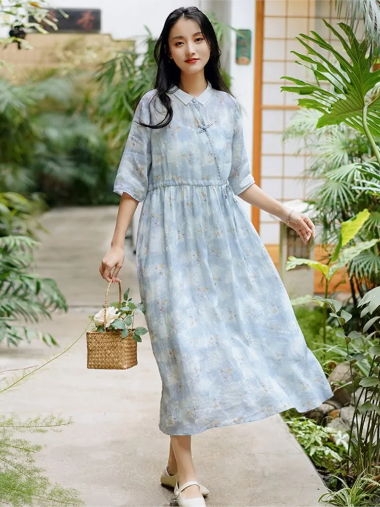 

Women Chinese Style Ramie Dress Print Floral High Waist Vintage Clothes 2023 Summer New Ramie Button A-line Dresses