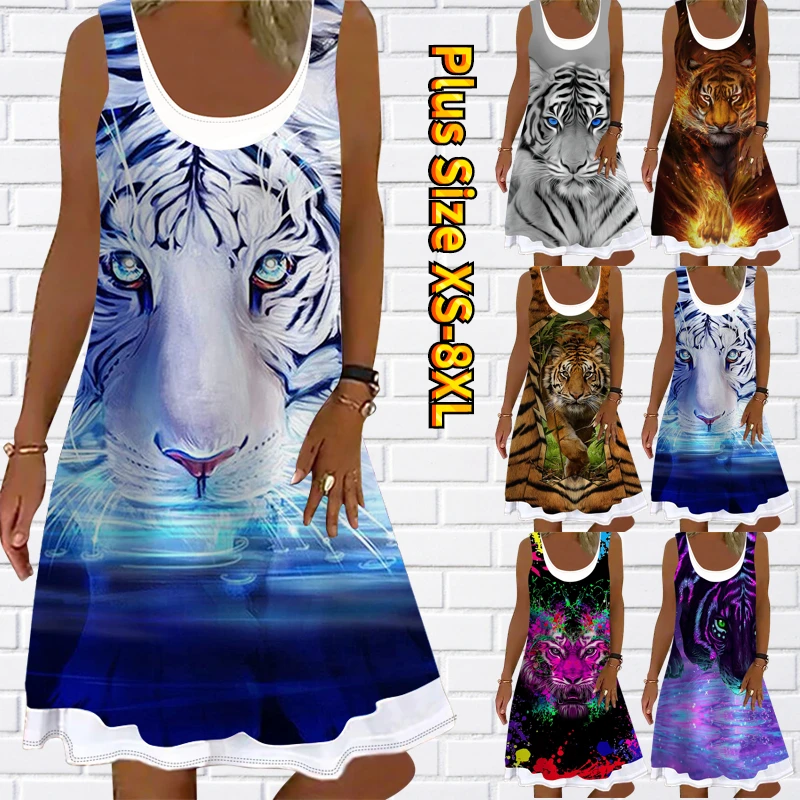 

2023 Tiger print summer women's daily knee-length skirt crewneck sleeveless skirt dress vintage sundress slim skirt