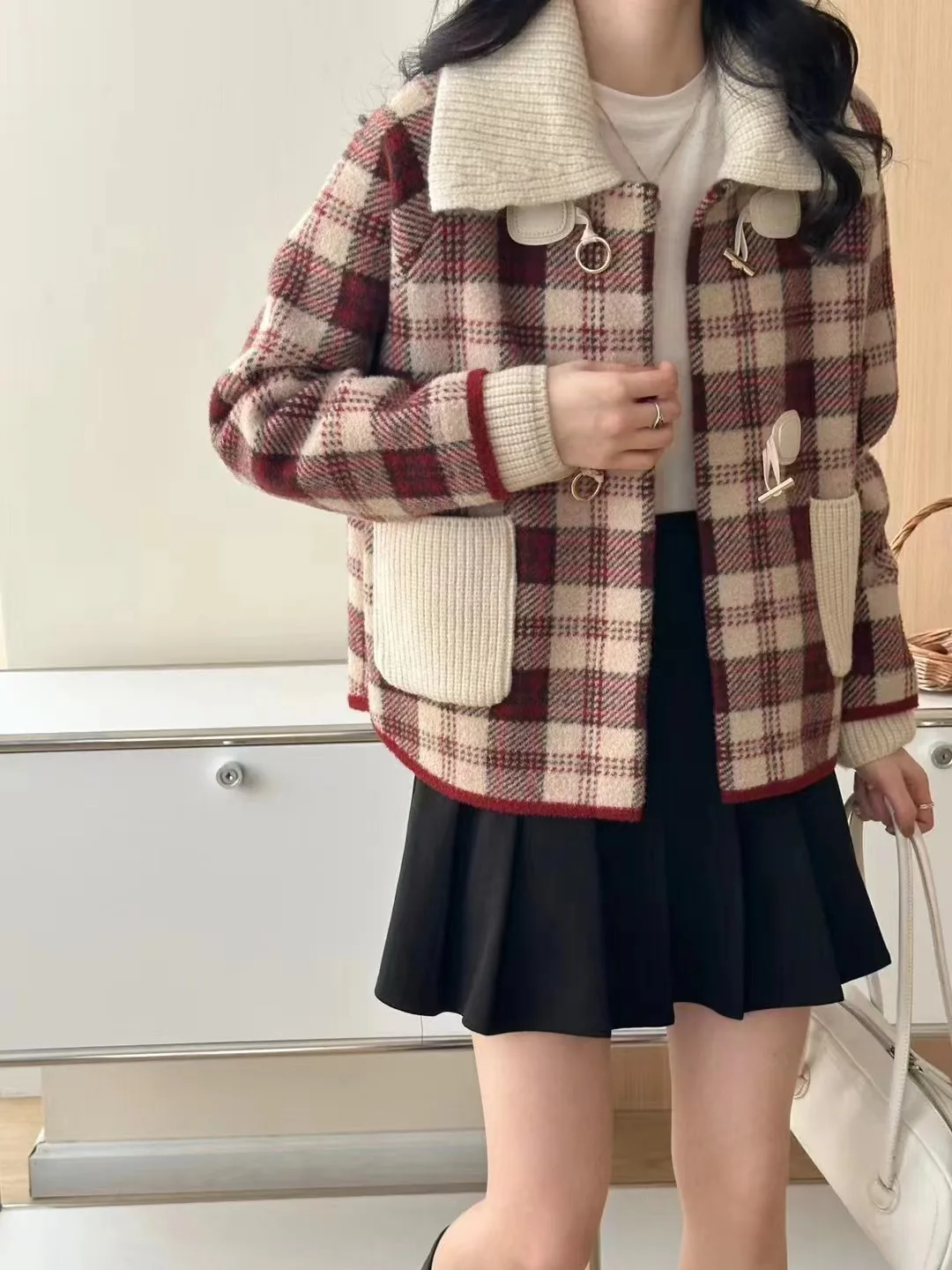 Hood Detachable Collar Plaid Woolen Jacket Women Autumn and Winter New High-Grade Short Double-sided Plush Cardigan Top Thick