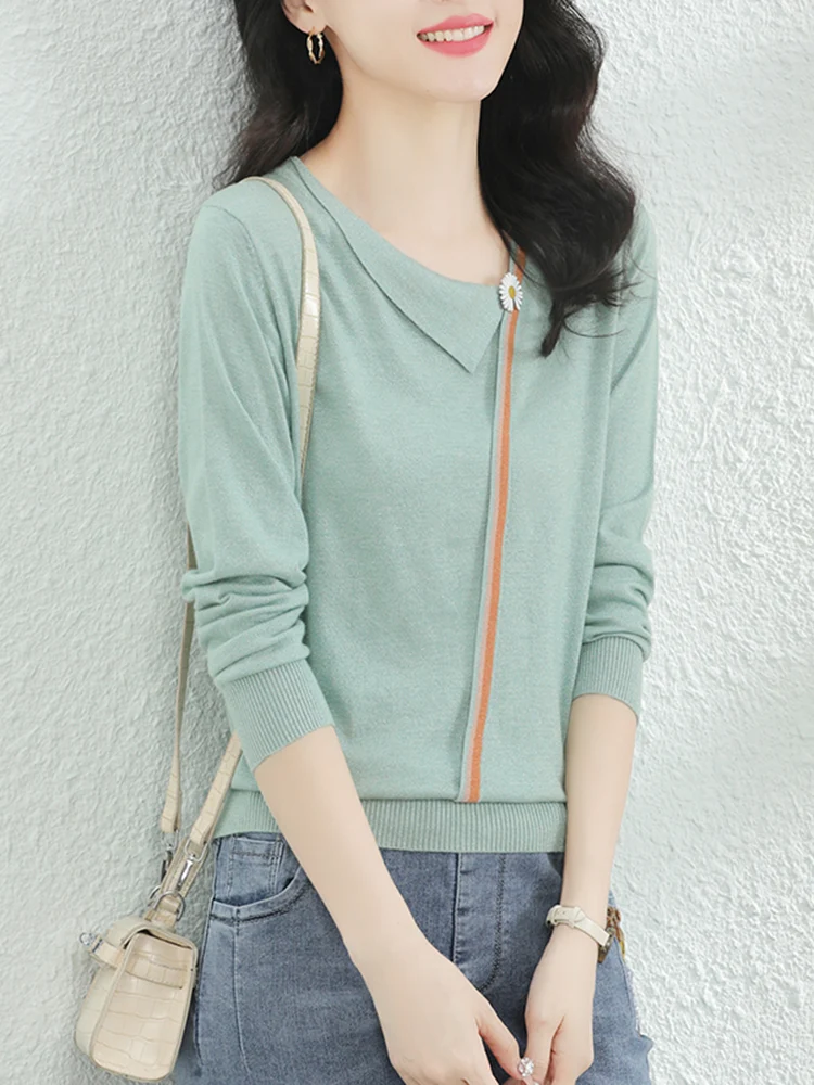 

HCXR Women Sweaters 2023 Autumn Asymmetric Collar Elegant All-match Solid Chic Design Fashion Knitted Top