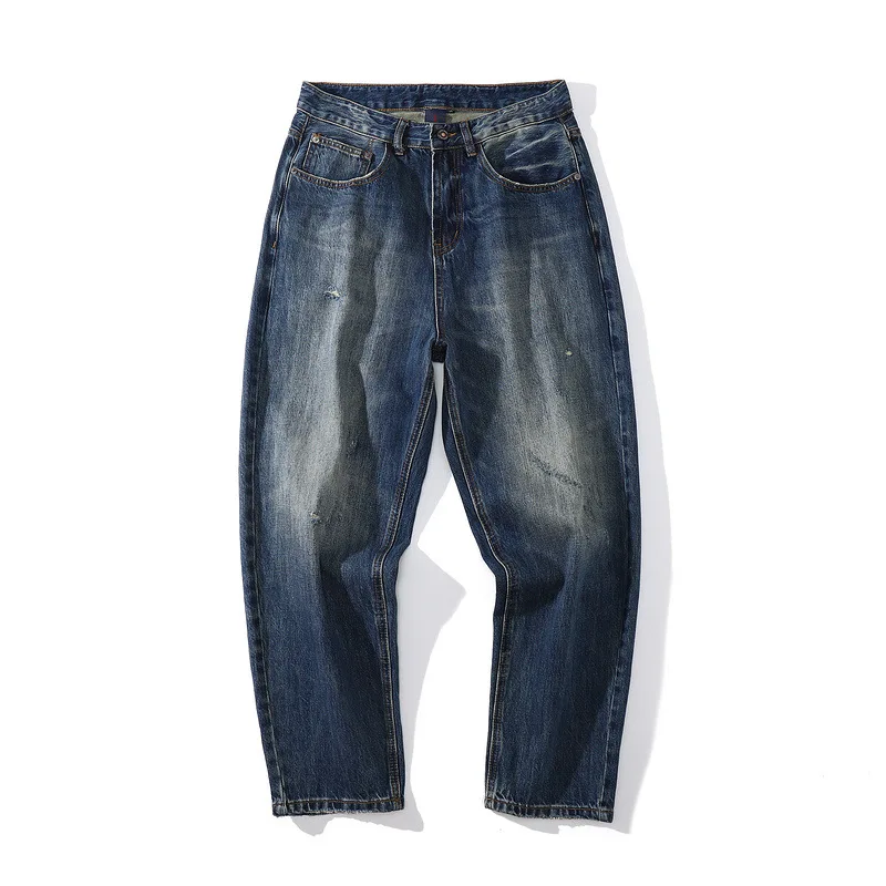 Vintage Cat Whisker Denim Trousers for Men Harajuku Loose and Worn Washed Straight Casual Pants