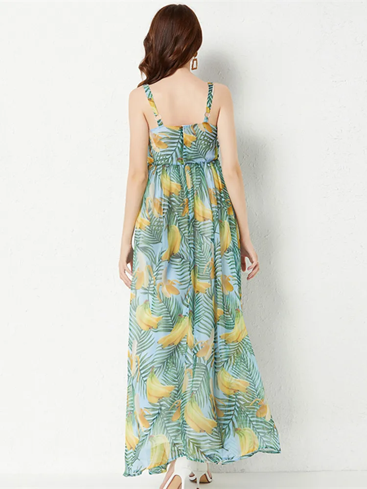 Женское пляжное шифоновое платье макси на бретелях-спагетти с V-образным вырезом