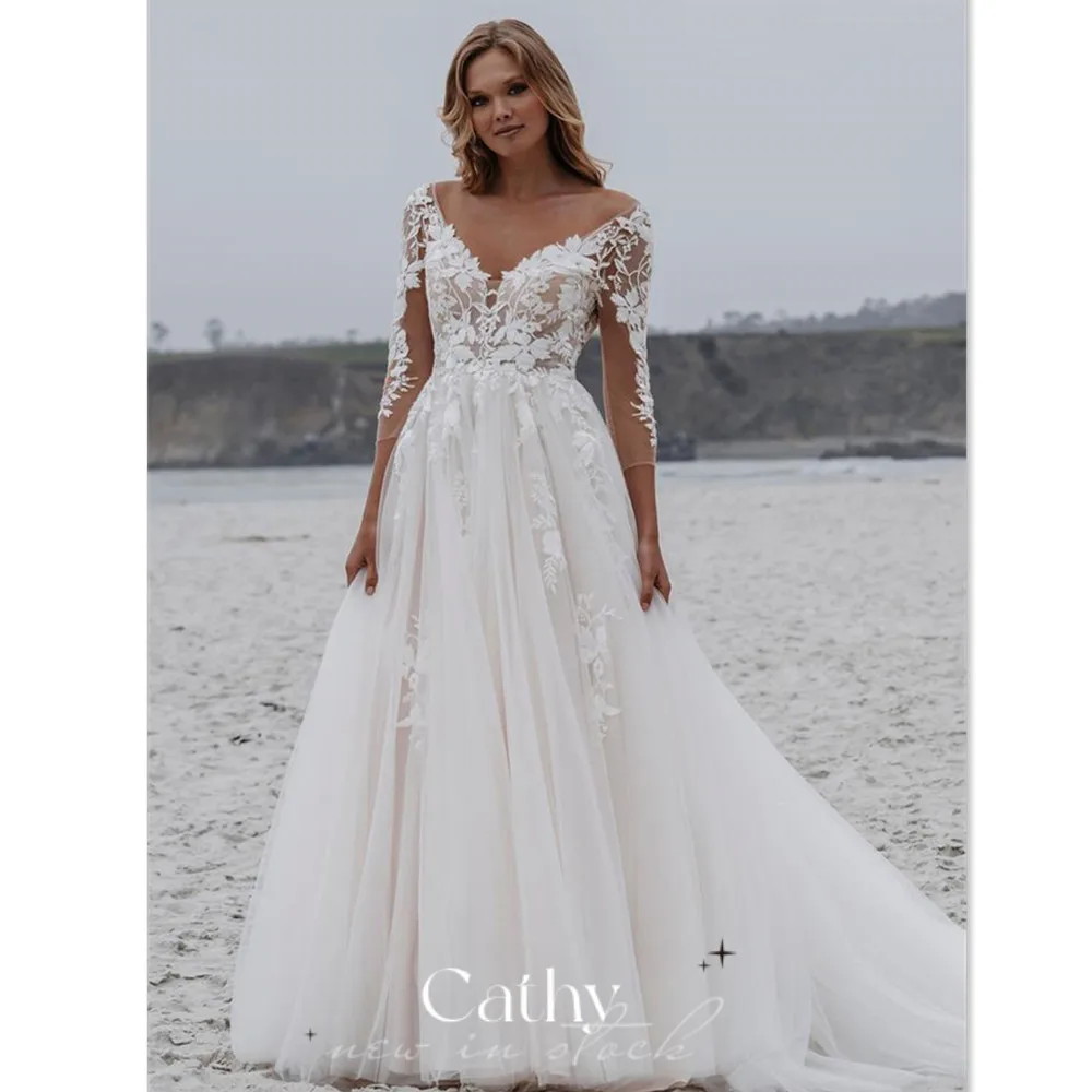

Beach Tulle Sweep Train Wedding Dress Handmade Lace Embroidery Bride Gown Robe De Mariée 3/4 Sleeve A-line Vestidos De Novia