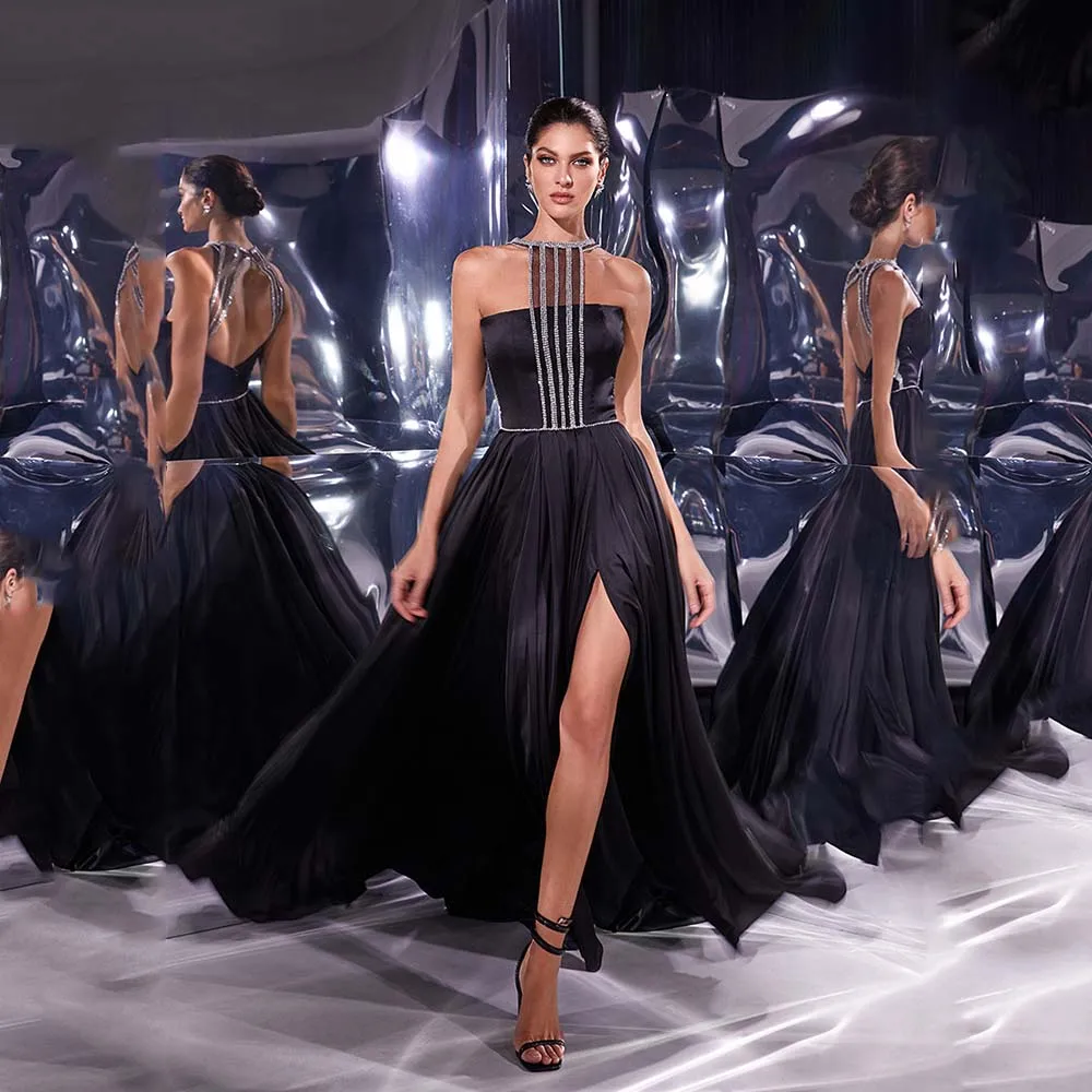 

Modern Wedding Dresses 2022 New Sleeveless Jewel Beading Bride Dress For Women Black Satin High Slit Backless Zipper Bridal Gown