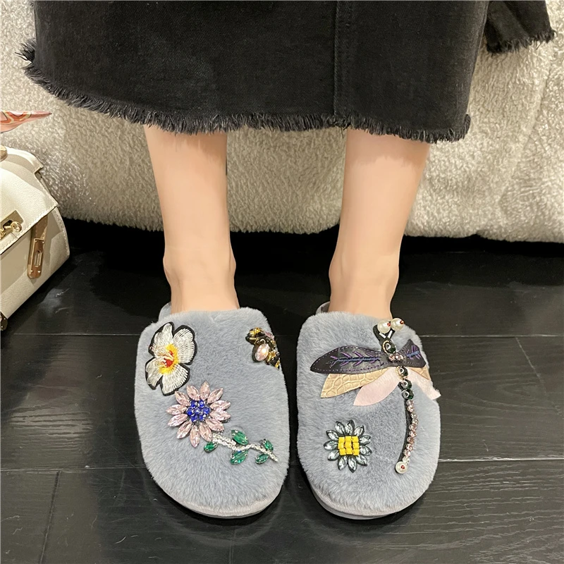 Женские теплые Нескользящие шлепанцы плоская подошва Короткие Плюшевые с