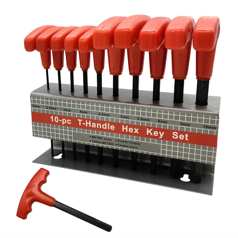 

10-Piece Set H2-H10 T-Shaped Flat Head Metric Red Hex Key With Iron Frame