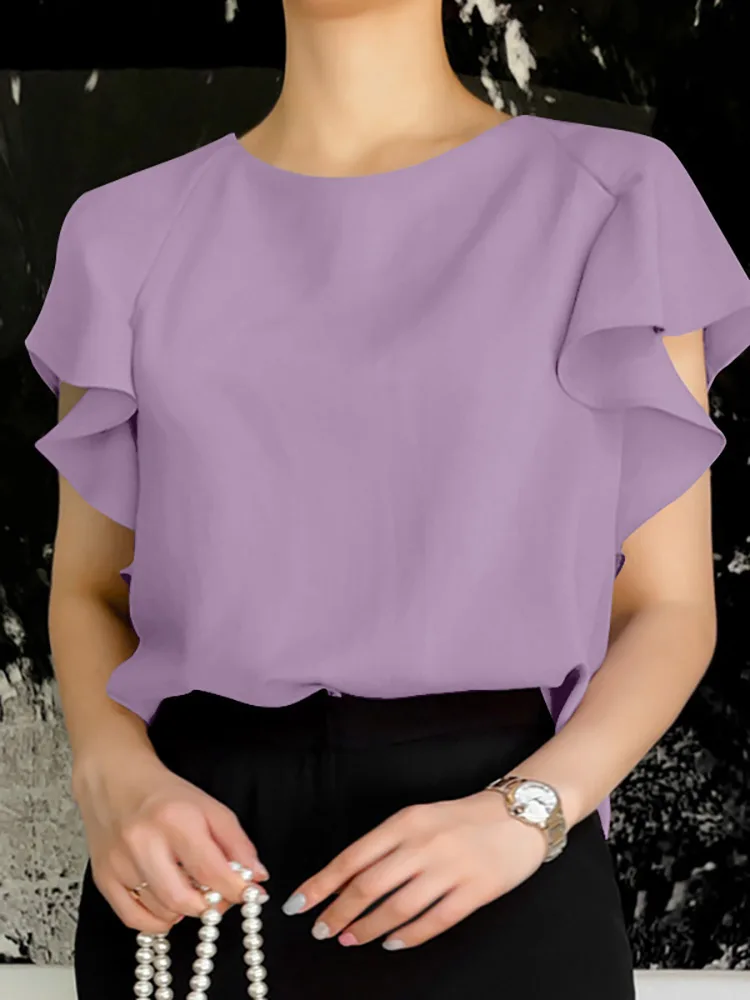 

VONDA Summer Women Casual Party Tops 2023 Fashion Short Sleeve Solid Color Shirt Ruffled Blouses O-Neck Loose Blusas Femininas