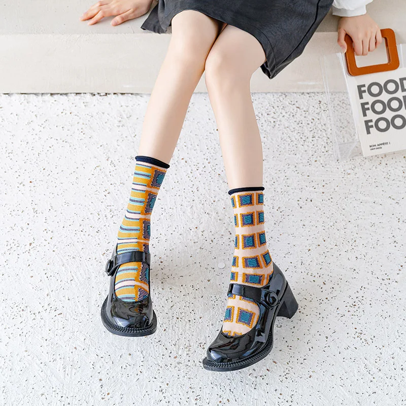 Summer Socks Women's Socks French Art Silk Socks Women's Thin AB Asymmetric Glass Cassette Trendy Socks Medium Socks Stocking