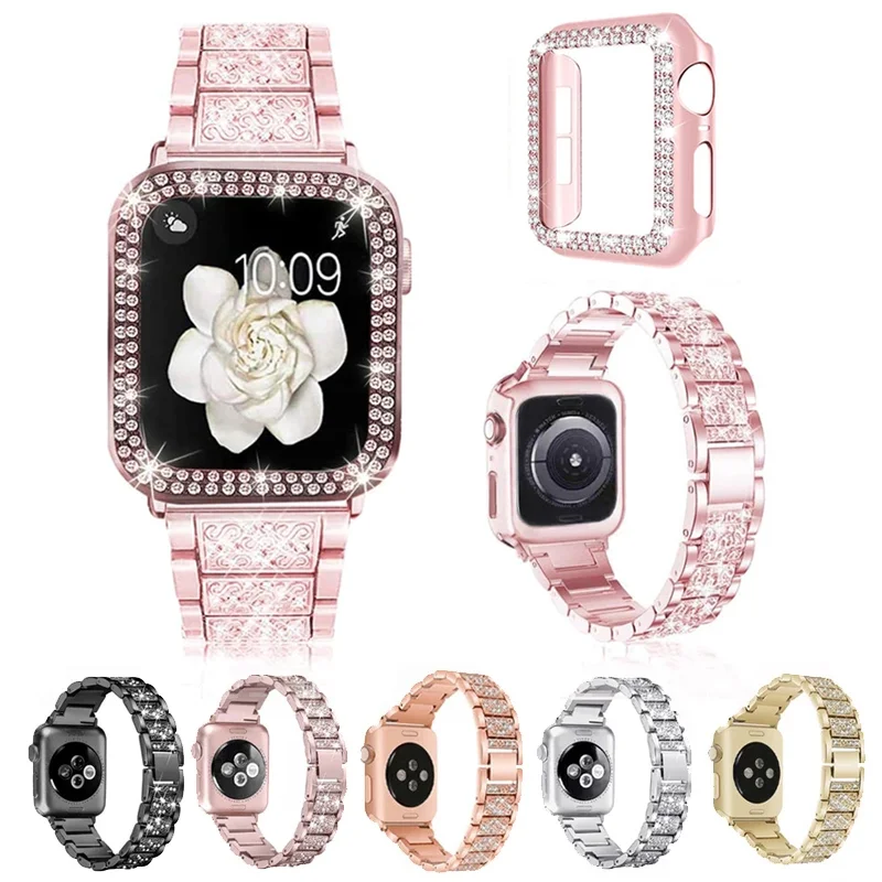 

Браслет для Apple Watch Band 42 мм 38 мм 40 мм 44 мм, Женский бриллиантовый ремешок + чехол для iWatch SE Series 8 7 6 5 4 3 Se, браслет из нержавеющей стали