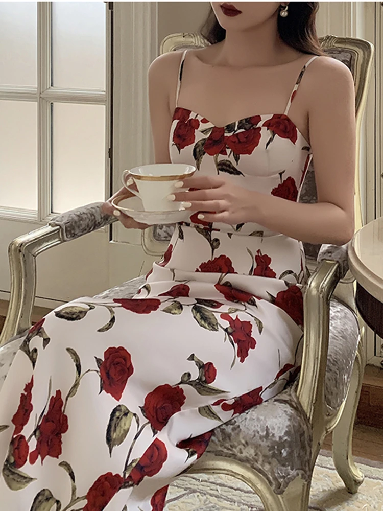 

Summer Women Spaghetti Strap Midi Elegant Rose Dress Sleeveless Party Beach Sexy Vestidos One Piece Clothes