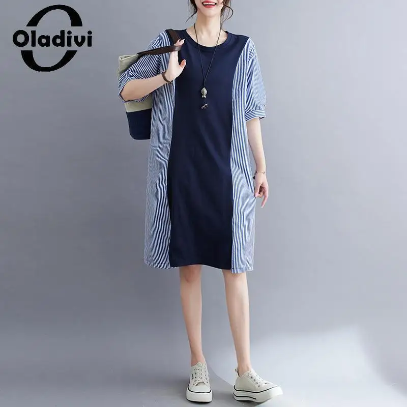 

Oladivi Fashion Women Short Sleeve Large Size Striped Midi Dress 2023 Summer Casual Loose Dresses Ladies Oversized Clothing 8838