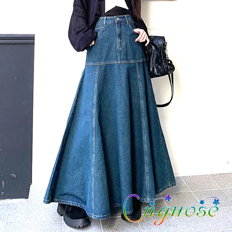 Retro Vintage Casual Style Autumn and Winter Large Swing A-line Sun Fishtail Skirt Maxi Long Slim Korean Fashion New 2022