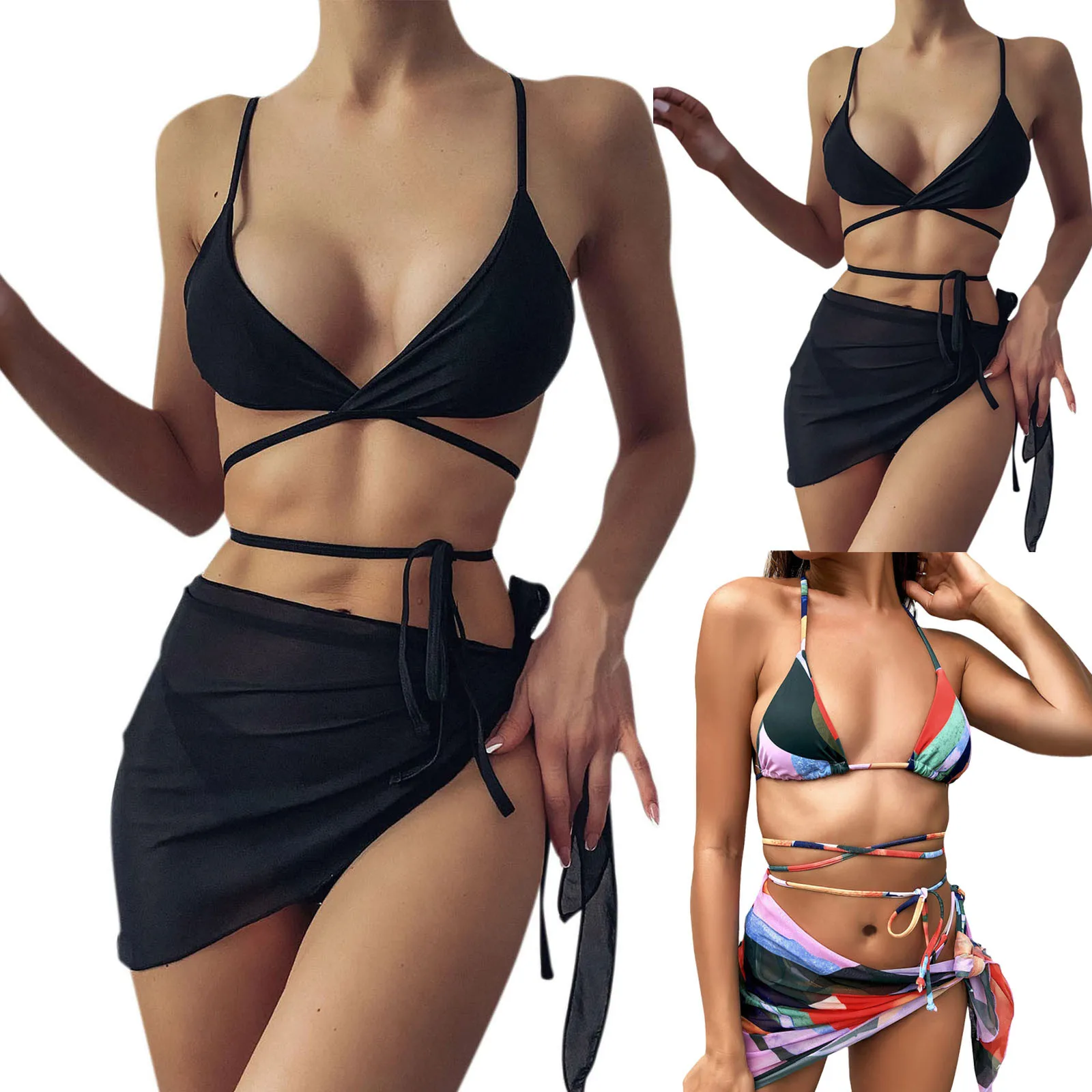 

Women's Tie Bikini 3 Piece Cover Up Side Bathing Beach Halter Swimwears Tankinis Set Bathing Suits Split Swimsuit Beach Leisure