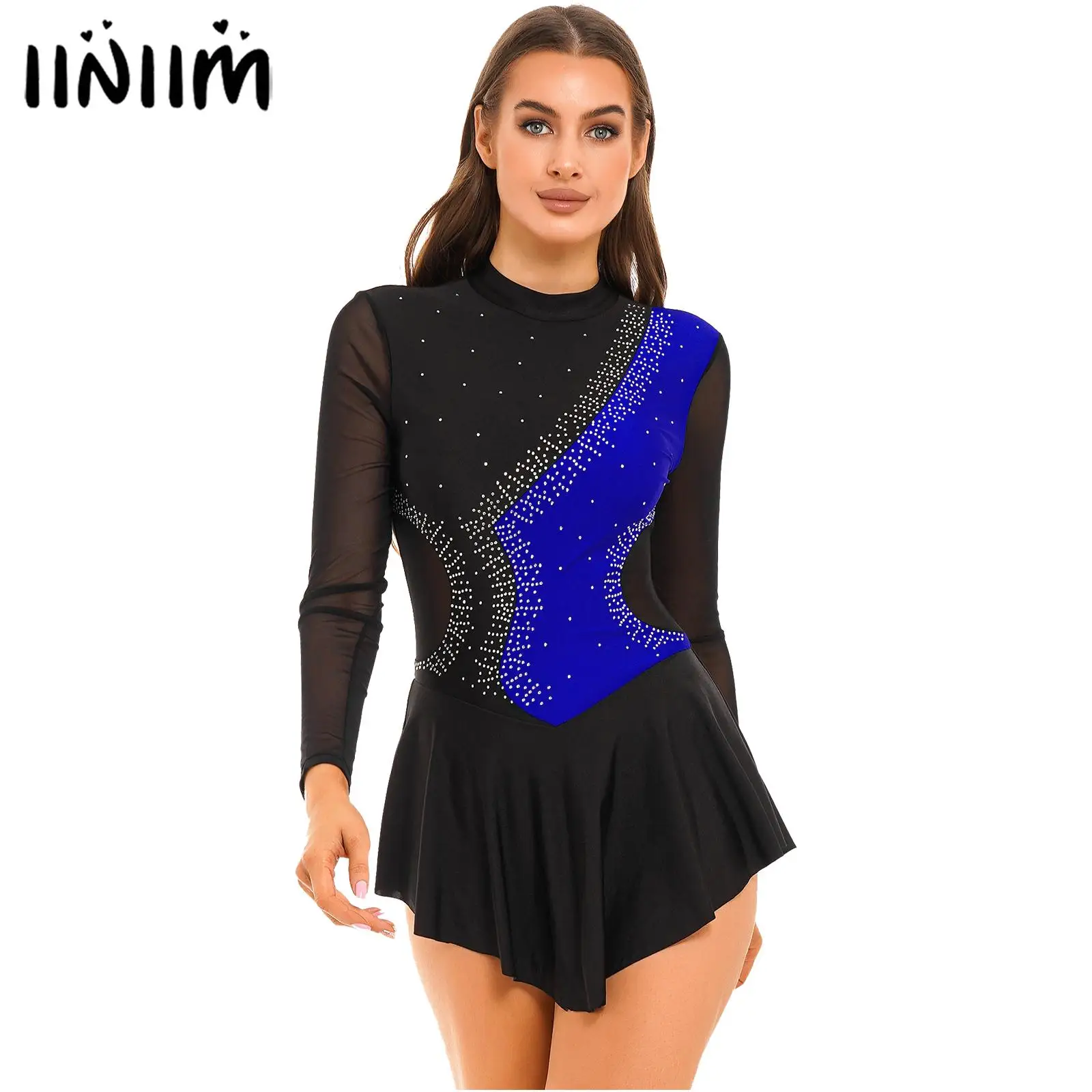 

Womens Figure Skating Dance Dress Sparkling Rhinestone Lyrical Ballet Dress Sheer Mesh Long Sleeve Cutout Back Leotard Dresses