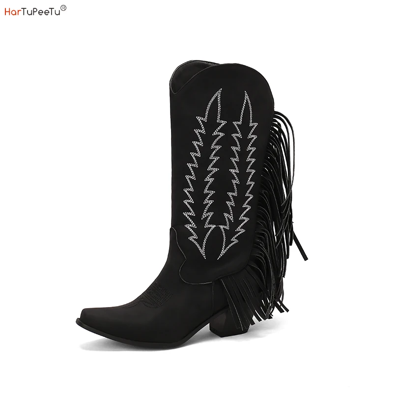 

Autumn Winter Western Boots Mid Calf Women Cowgirls 2023 Leather Fashion Warm Shoes Fringe Embroidery Med Heels Size 35-48