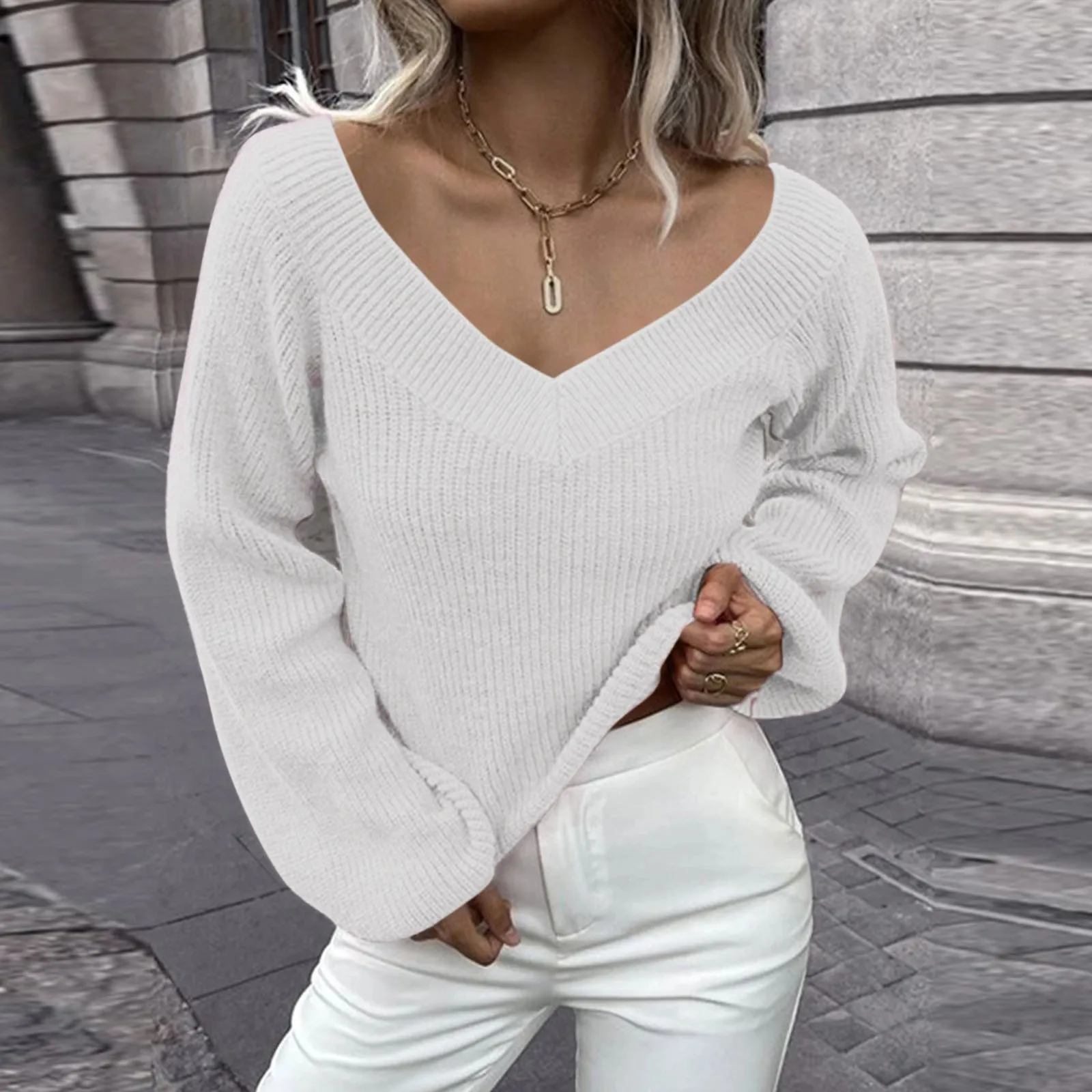 

Women Fashion Solid Color Long Sleeve V Neck Loose Knit Pullover Sweater Sweater Business Casual