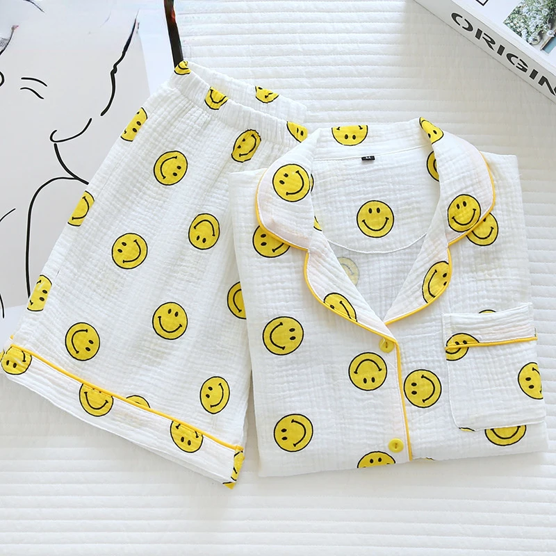 Summer Women's Nigtwear Cotton Gauze Short-sleeved Shorts Pajamas Suit Women's Crepe Happy Face Thin Lounge Home Pajamas Female