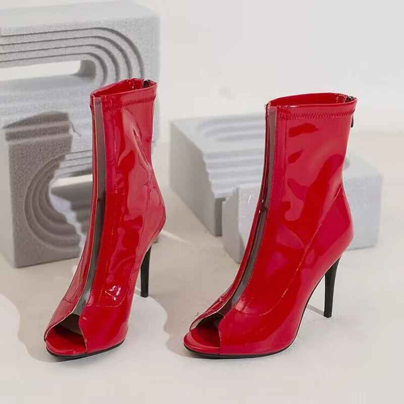 

Женские ботинки на шпильке, с открытым носком, на молнии