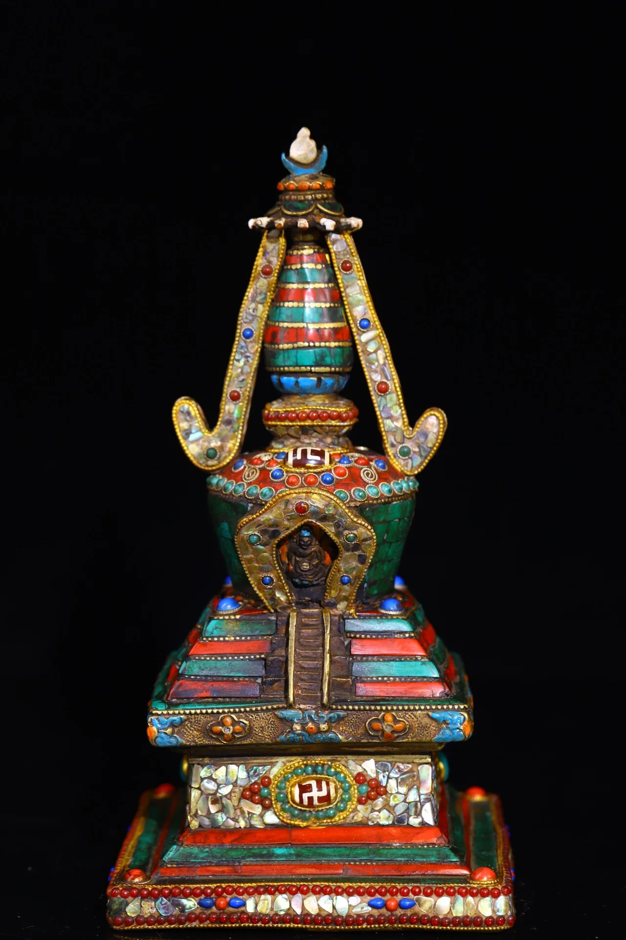 

10"Tibet Temple Collection Old Bronze Mosaic Gem Turquoise gZi Beads Shell Pagoda Stupa Buddhist shrine Worship Hall Town house