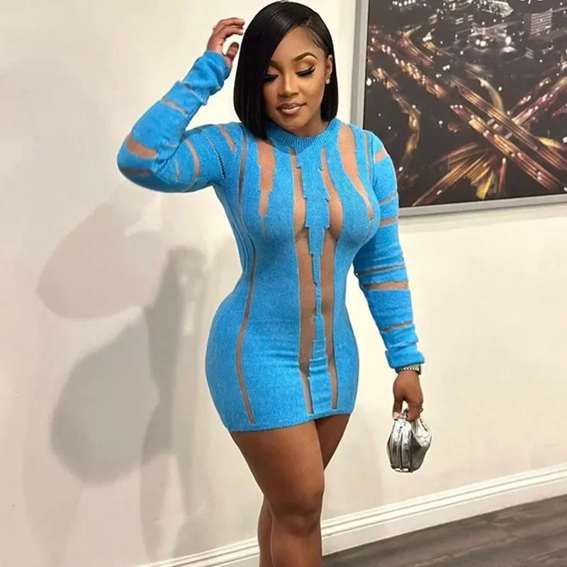

Трикотажное прозрачное сексуальное мини-платье, женское осенне-зимнее эластичное облегающее платье с длинным рукавом и вырезами, Клубная одежда, платья для ночного освещения 2023