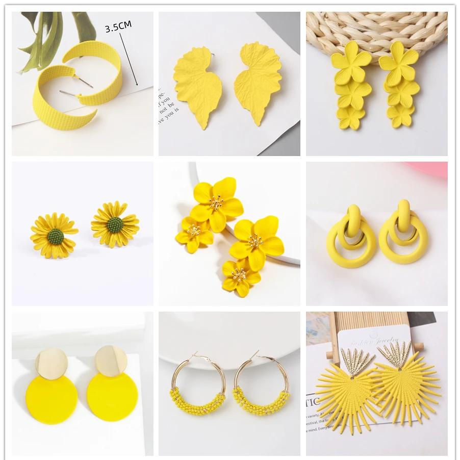 Yellow Color Hang Earrings for Women Statement Sweet Geometric Round Heart Leaf Flower Metal Ear Girl Fashion Jewelry Gift