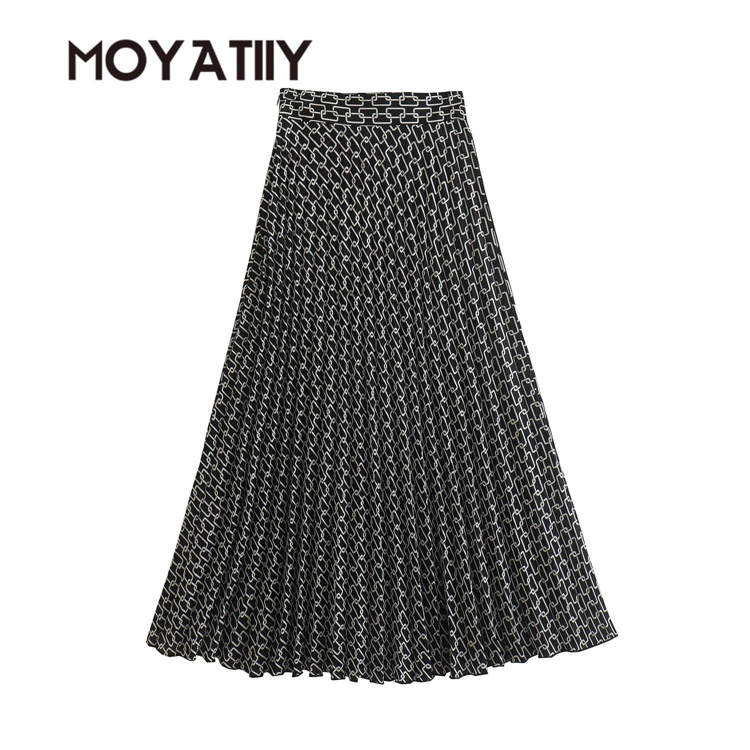 

MOYATIIY Women New Year Satin Skirts Fashion A-Line Chain Print Midi Skirts with Side Zipper Female Bottoms