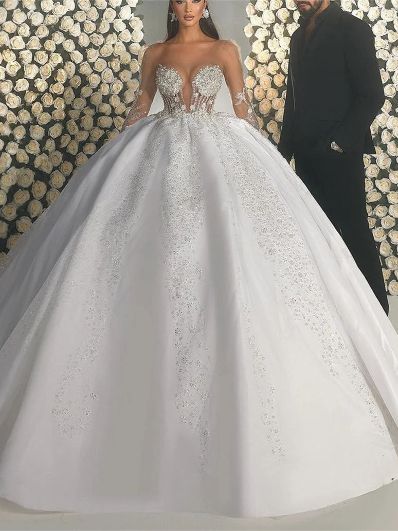 

Classic Ball Gown Wedding Dresses V Neck Long Sleeves Appliques Pearls Beads Diamonds Ruffles Prom Gowns Custom Made Lace-up