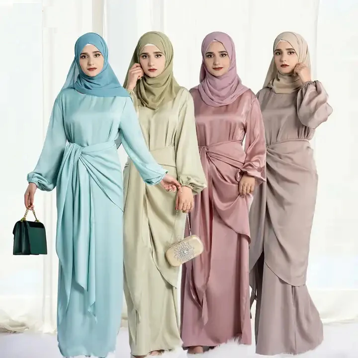 

Satin Muslim Dress Women Abaya 2 Pieces Set Morocco Party Kaftan Long Robe with Wrap Skirt Islamic Dubai Turkish Modest Outfits