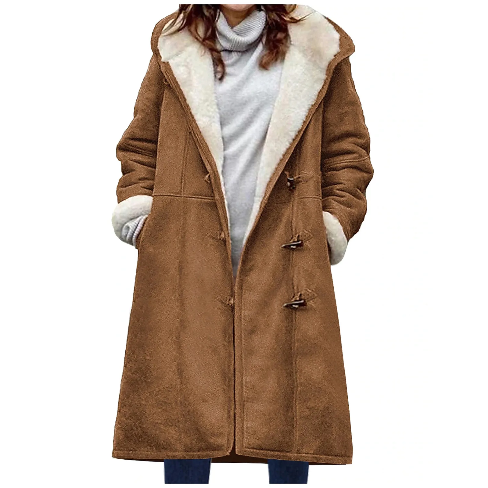 

Женское пальто на флисовой подкладке, теплая осенне-зимняя куртка, ветрозащитная длинная замшевая куртка с карманами, Классическая однотонная Базовая верхняя одежда