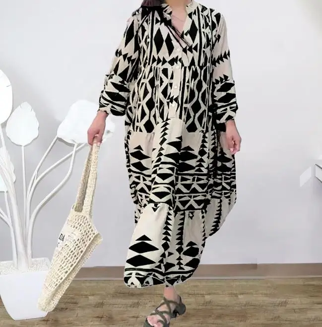 

Женское платье, осень 2023, рубашка с принтом и V-образным вырезом, дизайн пуговиц, свободная длинная юбка, богемное платье, Повседневное платье с длинным рукавом