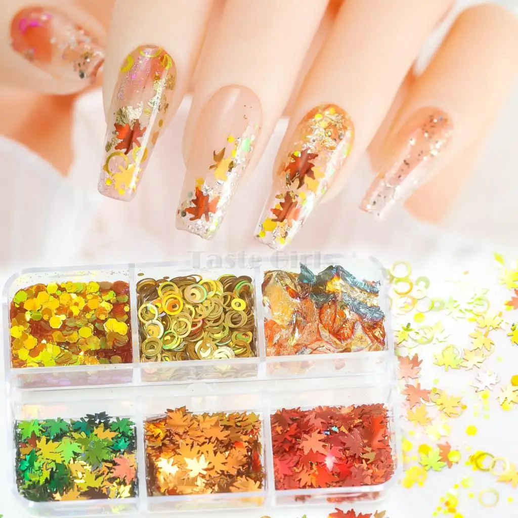 

6 Grids Gold Yellow Autumn Glitter Laser Holo Maple Leaf Sequins Circel Foil Nail Art Paillette Slice Decals Manicure Charms