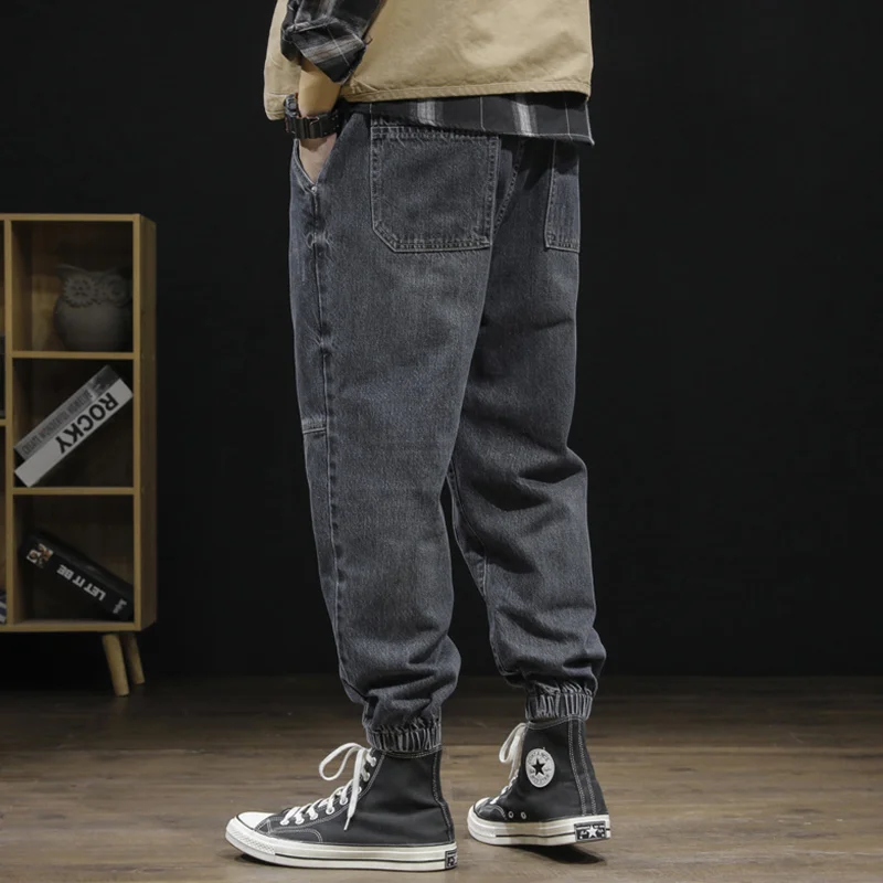 Men Clothing Autumn and Winter Straight Loose Splicing Cylinder Jeans Vintage Comfortable Navy Blue Large Harun Trousers Female