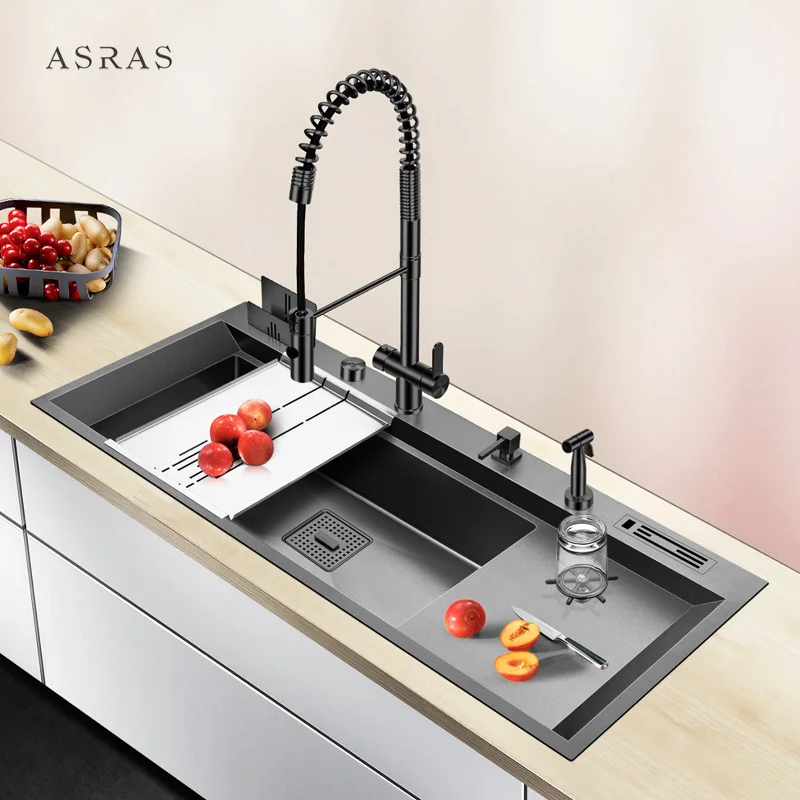 

Asras SUS304 black nano handmade sink with cup washer with drain and kitchen faucet-11850NX-2