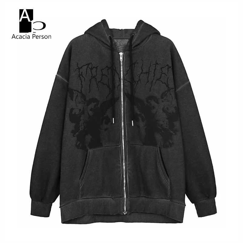 

Vintage Angel Print Oversized Hoodies Female Zip Up Long Sleeve Women's Sweatshirt Y2K Aesthetic Autumn Gothic Grunge Streetwear