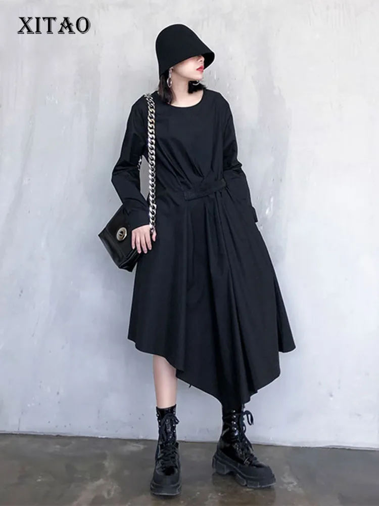

XITAO Irregular Women Black Dress Fashion New Women 2020 Spring Pleated Goddess Fan Casual Style Lose Dress DMY3395