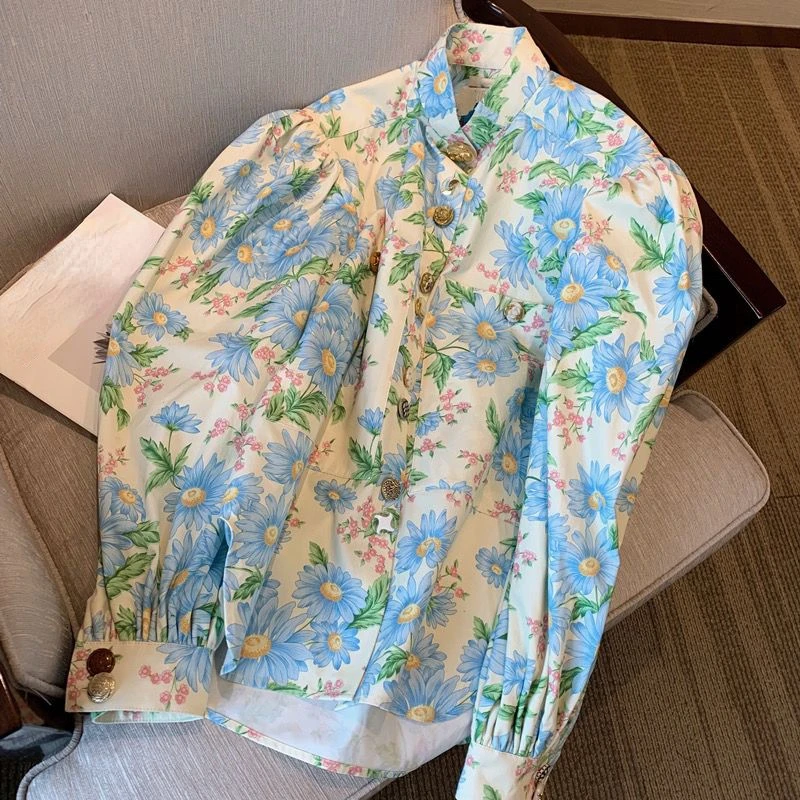 Блузка женская с цветочным принтом воротником-стойкой и рукавами-фонариками