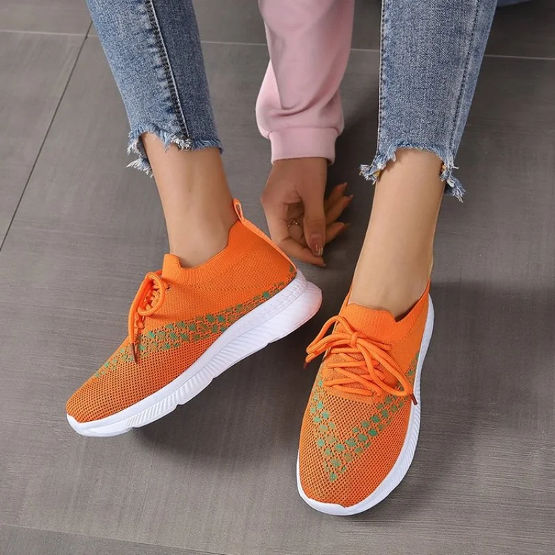 

Orange Knit Flat Shoes Women 2023 Lace Up Breathable Mesh Sneakers Woman Casual Soft Sole Loafers Female