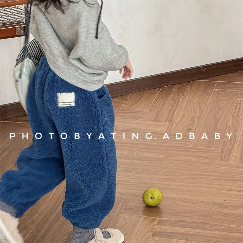 MiniAinis новые зимние детские флисовые брюки однотонные штаны из овечьей шерсти для