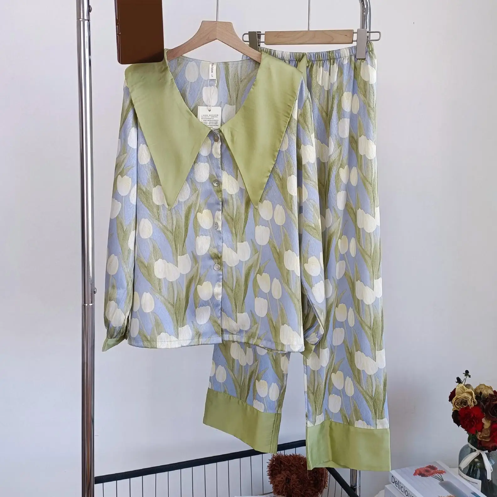 Пижамный костюм с принтом лацканами шелковые вискозные ночные костюмы домашняя